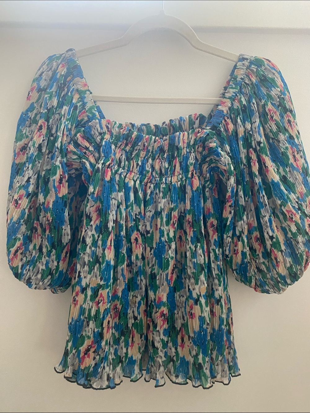 Ganni Blue, Green & Pink Smocked Square-Neck Puff Sleeve Blouse